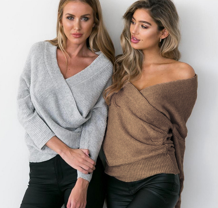 Cross V-neck Pullovers Off-the-shoulder Sweater