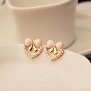 Heart Pink Bow Pearl Earri..