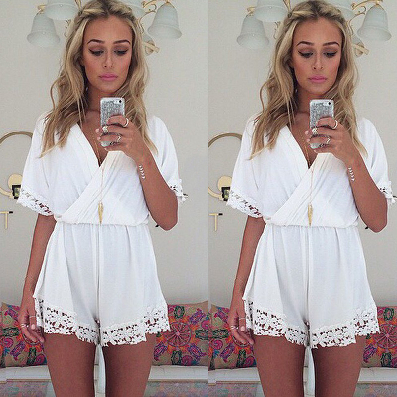 White Chiffon V-neck Sexy Lace Jumpsuit on Luulla